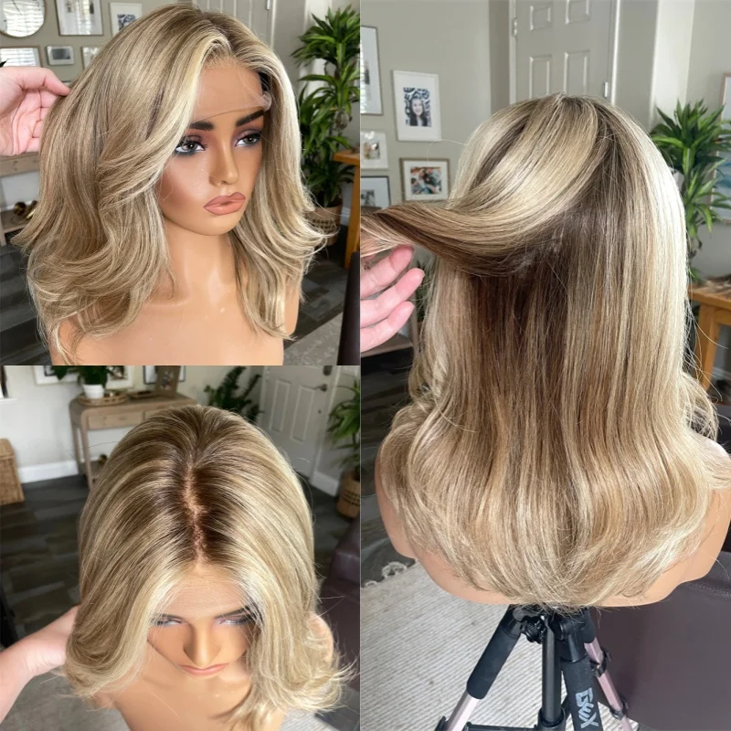 14 Inches Ombre Blonde with Brown Streaks HD Lace Front Wig High Quality Synthetic Wig Glueless Wig for Women 150% Density Wig