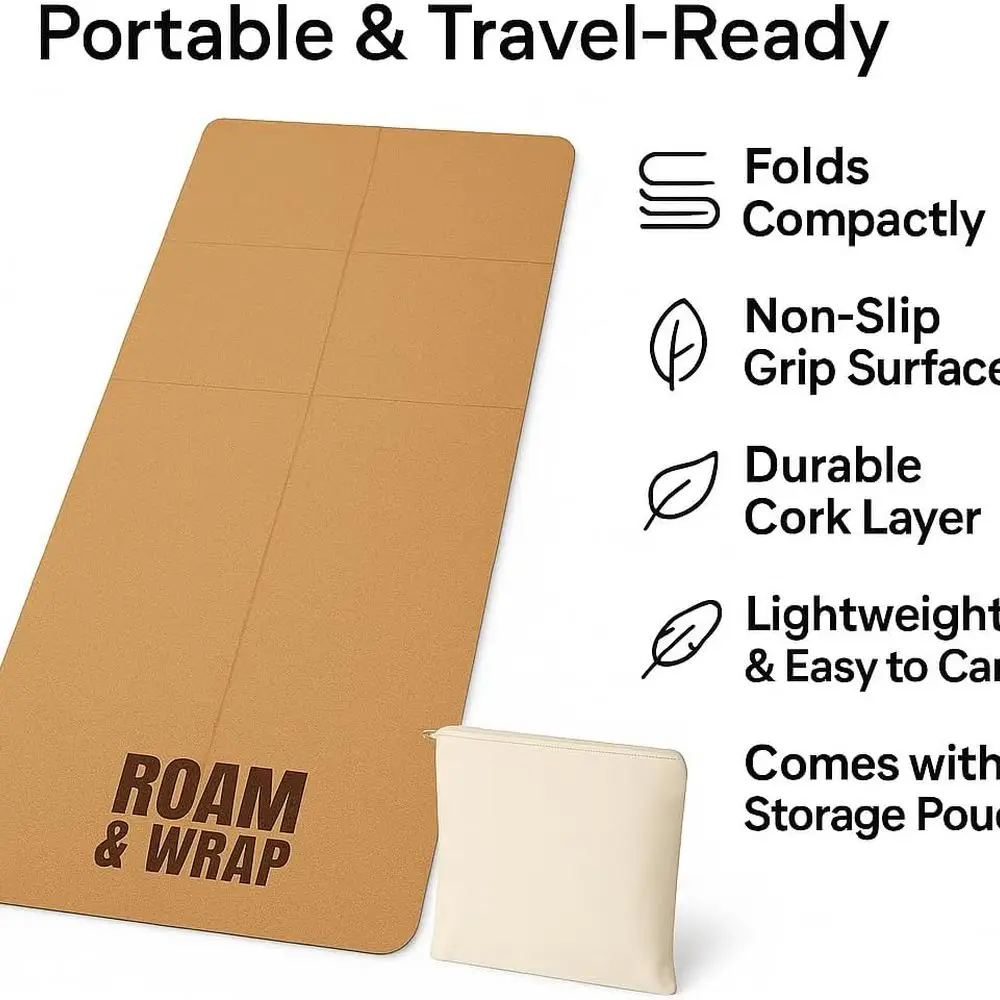 سجادة يوجا محمولة قابلة للطي مقاس 5 مم مع سطح من الفلين - خفيفة الوزن وقابلة للتعبئة وسهلة التخزين، مثالية للتمدد واليوجا والبيلاتس - داخل