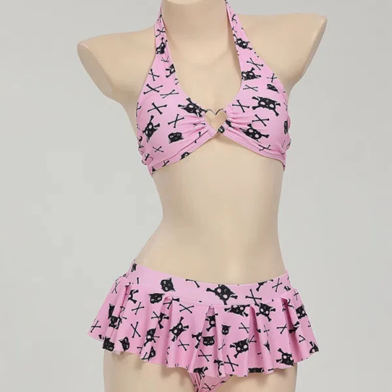 

Women Swimwear Thriller Kitten Skull Cat Print Swimsuit Heart-shaped Design Pink Skeleton Cat Two Pieces Swimsuit