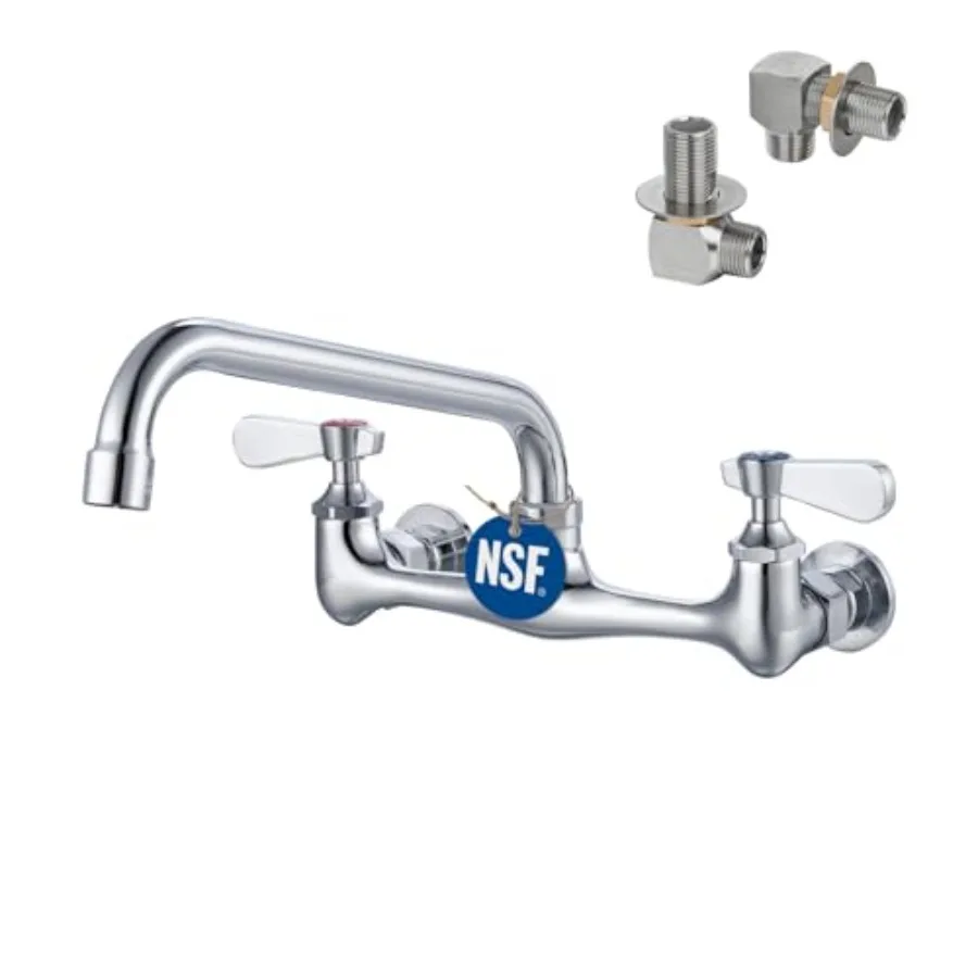 

NSF/ANSI 61 Certified 8" Lead-Free Commercial Sink Faucet Wall Mount, 3 Compartment Sink Faucet with 8" Swivel Spout and Cerami