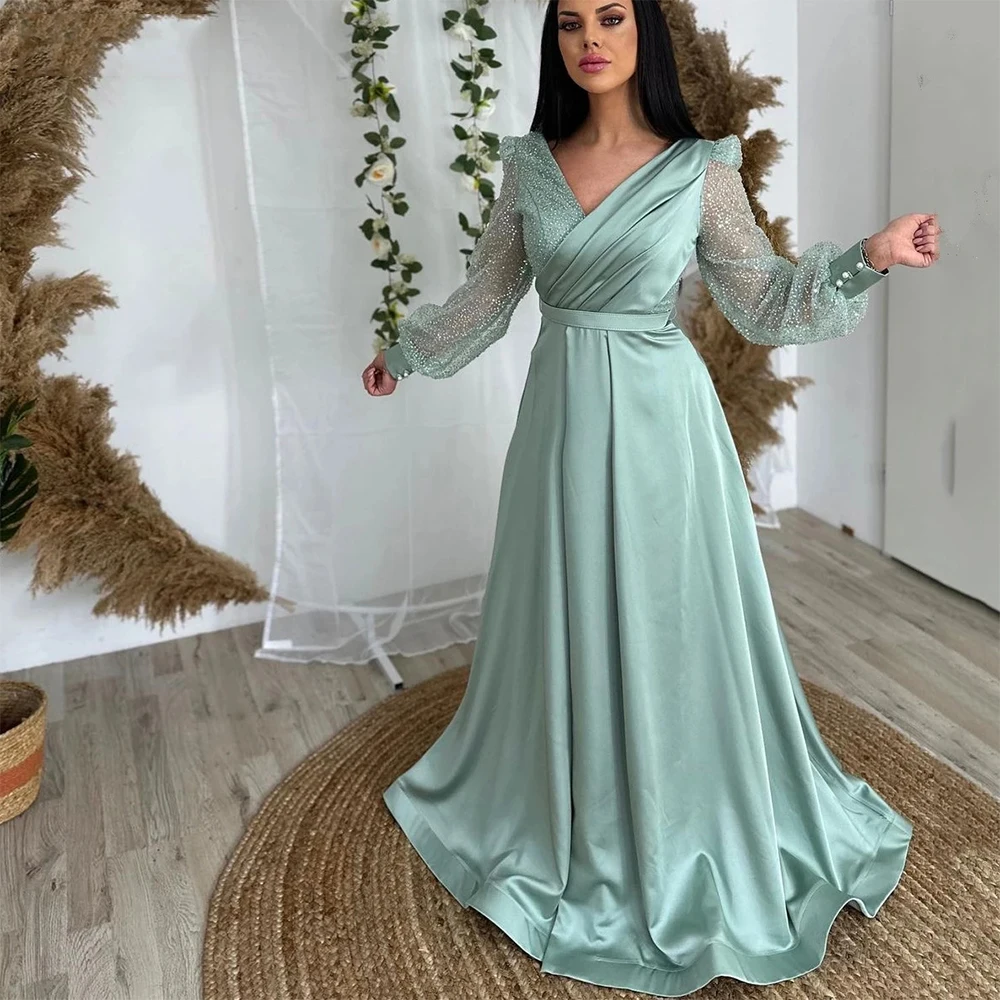 

A Line Sequines Evening Dresses Long Sleeves Prom Saudi Arabia V-Neck Satin Pleats Vintage Formal Party Gowns Women's Robes De