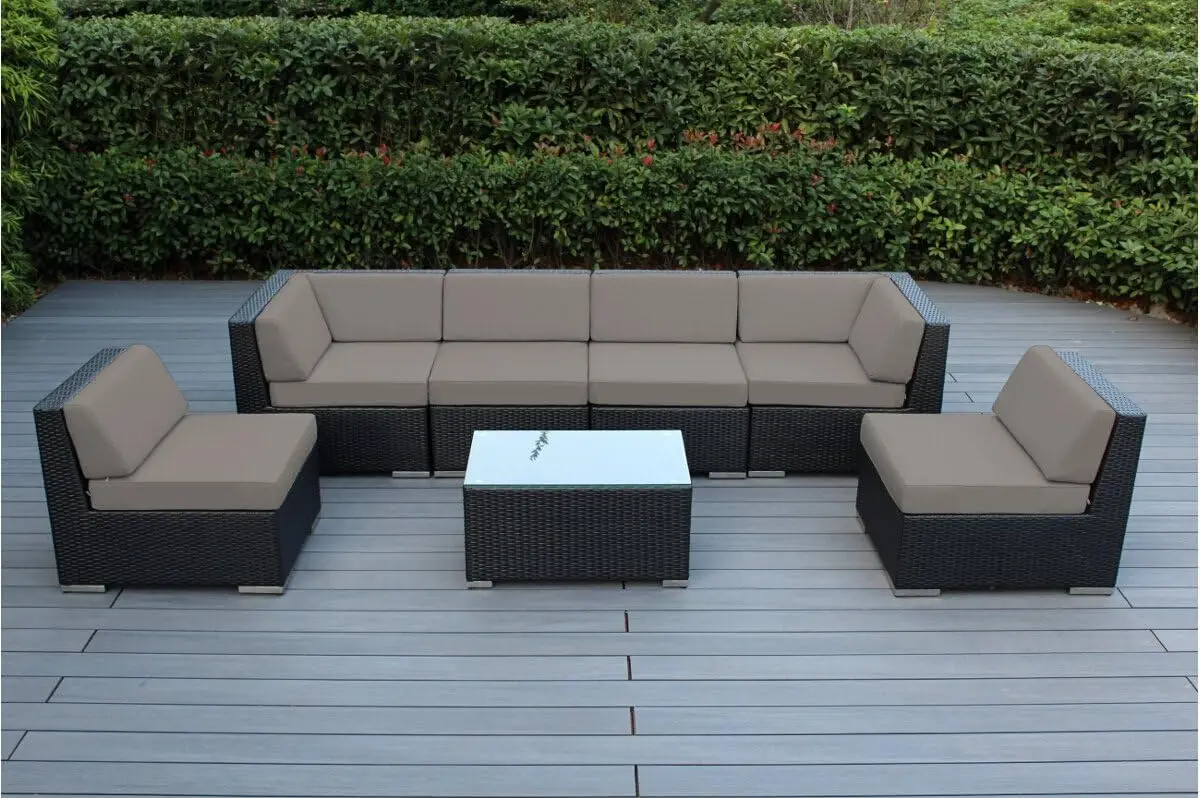 

7-Piece Outdoor Patio Furniture Sectional Conversation Set, Black Wicker with Sunbrella Taupe Cushions