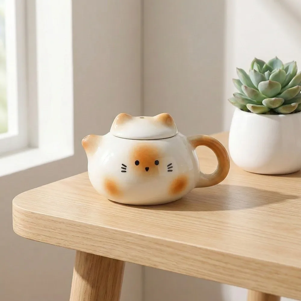 Mini Tetera de Cerámica Estilo Chino, Adornos Exquisitos, Accesorios Tradicionales para Té con Leche, Tetera de Cerámica Lisa con Orejas de Gato
