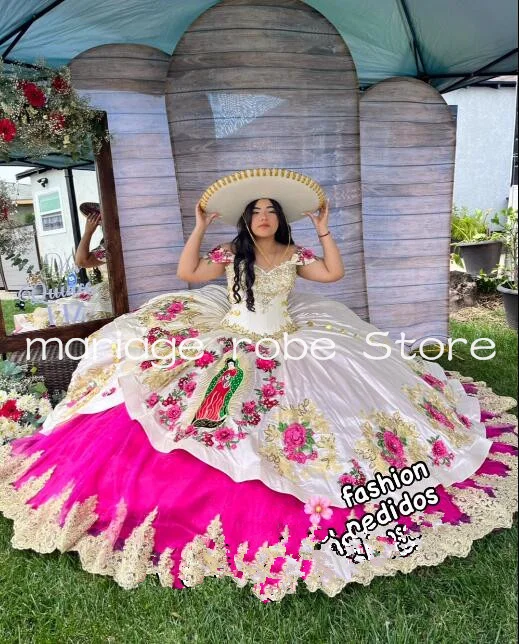 Biało-różowa księżniczka Quinceanera Sukienki Off Shoulder Kwiatowa aplikacja Gorset vestidos de 15 años vestido de catrina Mexicana