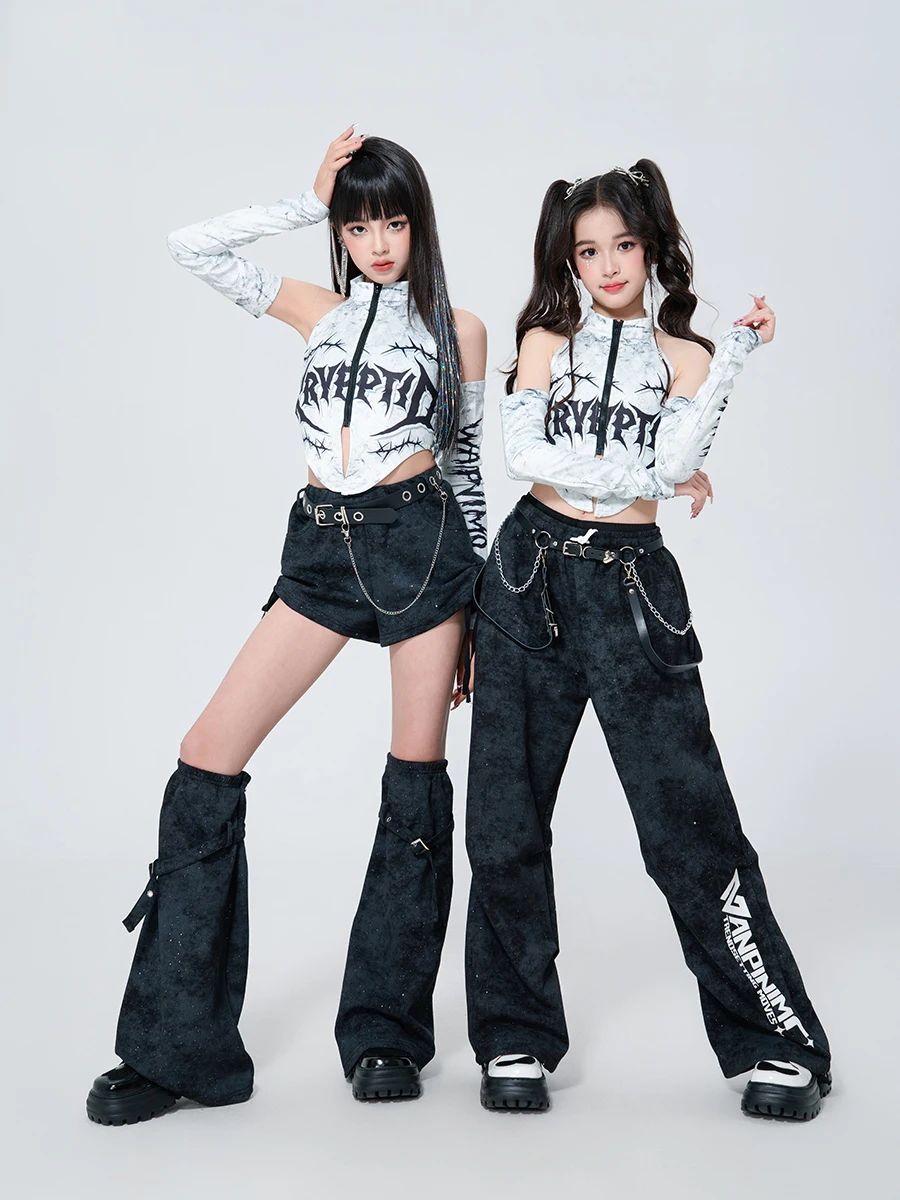 Trajes de baile de Jazz modernos 2025 para niñas, Tops plateados, pantalones sueltos, traje de práctica, ropa de calle, ropa de actuación de Hip Hop DQS19715