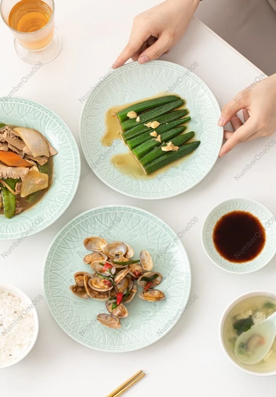 ชุดเครื่องถ้วยชามเซรามิกเซลาดอน 20 ชิ้น สีเขียวอ่อนลายข้าวสาลี ชุดจานชามสำหรับรับประทานอาหาร