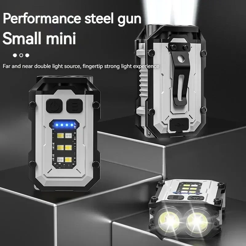 Mini Keychain Flashlight Portable Clip Light 8 Modes Rechargeable Emergency Work Lamp Outdoor Waterproof Camping Fishing Torch