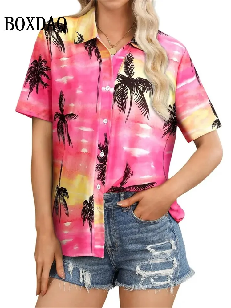

2025 New Women's Short-Sleeve Shirts Fashion Summer Palm Tree Print Blouse Casual Beach Vacation Women's Lapel Button Shirt Tops