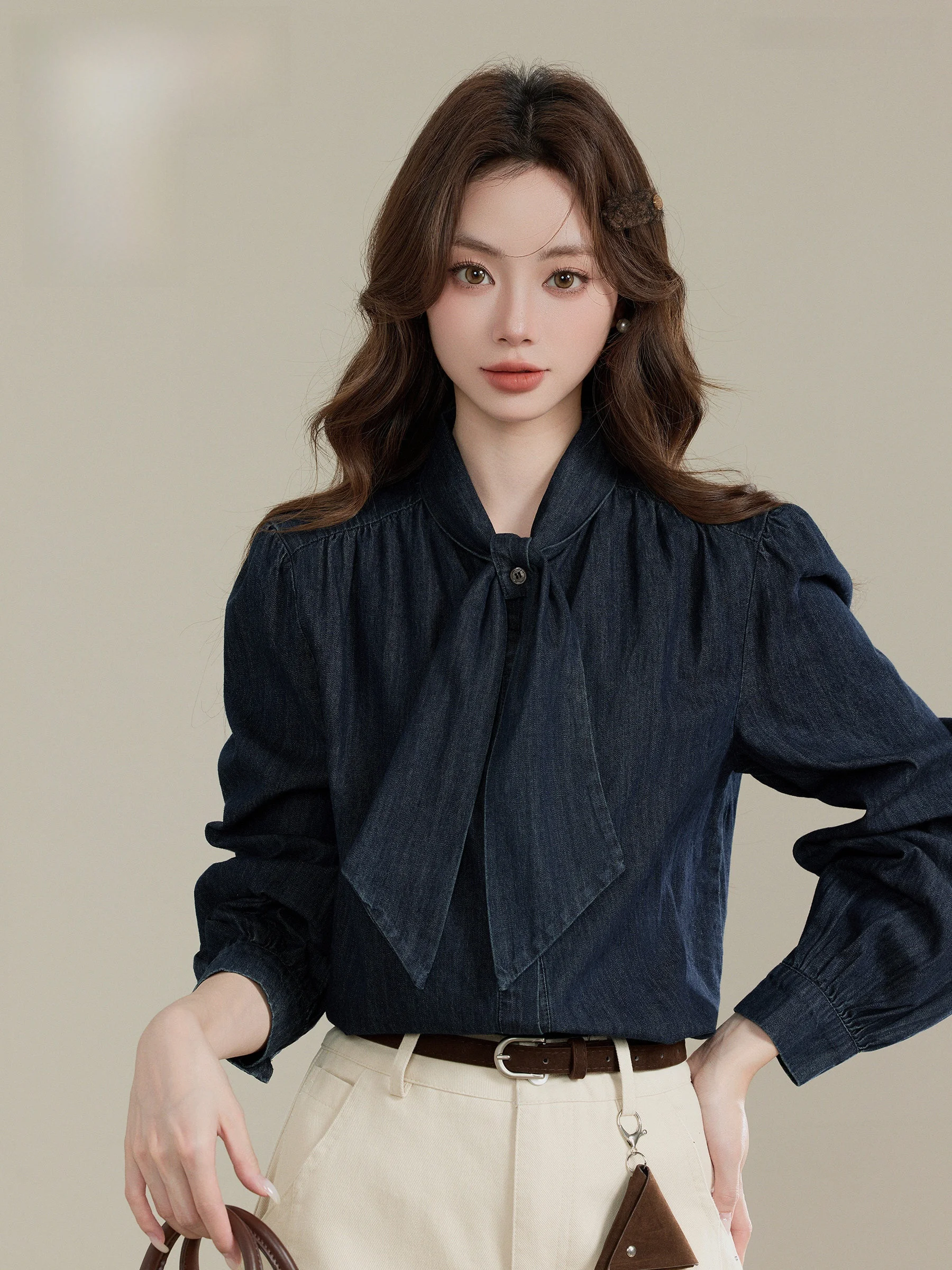 

Retro Washed Knot Denim Shirt Long Sleeve Sweet Style Spring New Design Gown by Lingjiu Moonlight Cradle Series