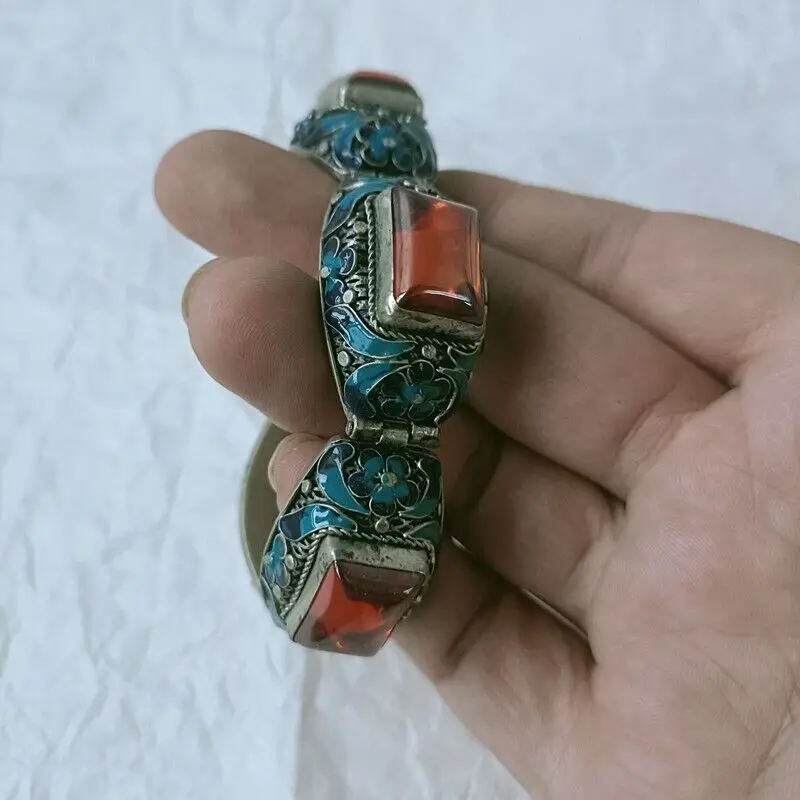 

Exquisite Old Chinese tibet silver Cloisonne inlay Zircon handmade Bracelet 8026