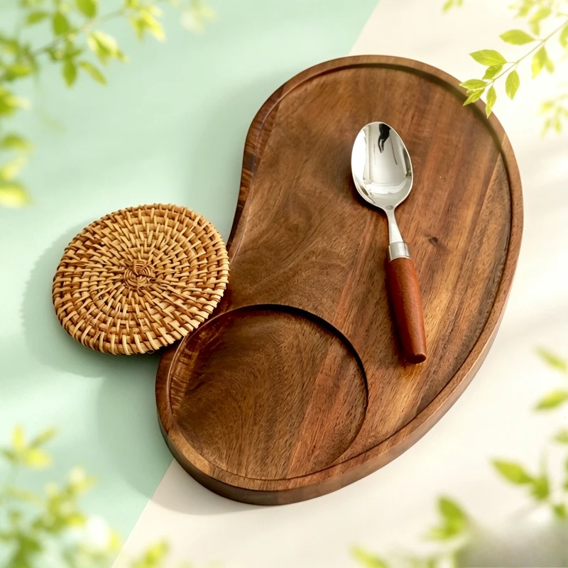 Cashew Shape Serving Tray Woven Inlay Wooden Tray for Hotel Coffee Cup Snack Tea Household Water Cup Table Storage Decor