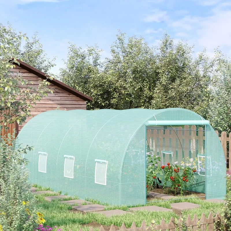 Outsunny 20' x 10' x 7' Walk-in Tunnel Greenhouse, Garden Warm House, Large Hot House Kit with 8 Roll-up Windows & Roll Up Door,