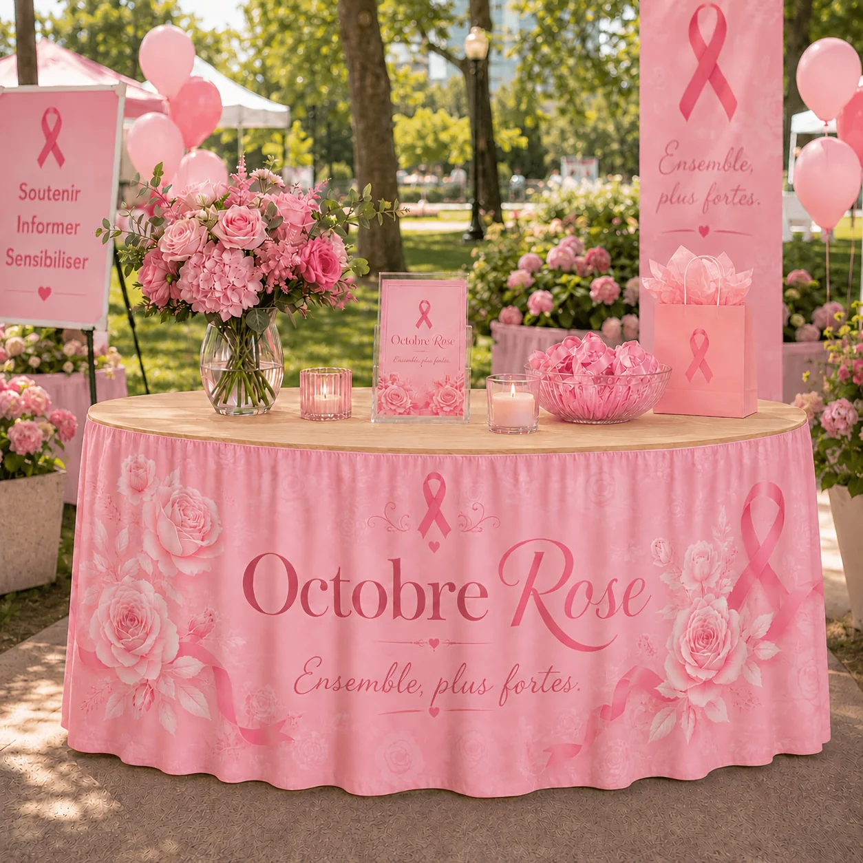 Jupe de table pour fête, 1 pièce, jupe de table rose octobre pour la sensibilisation au cancer du sein, idéale pour la décoration d'événements caritatifs