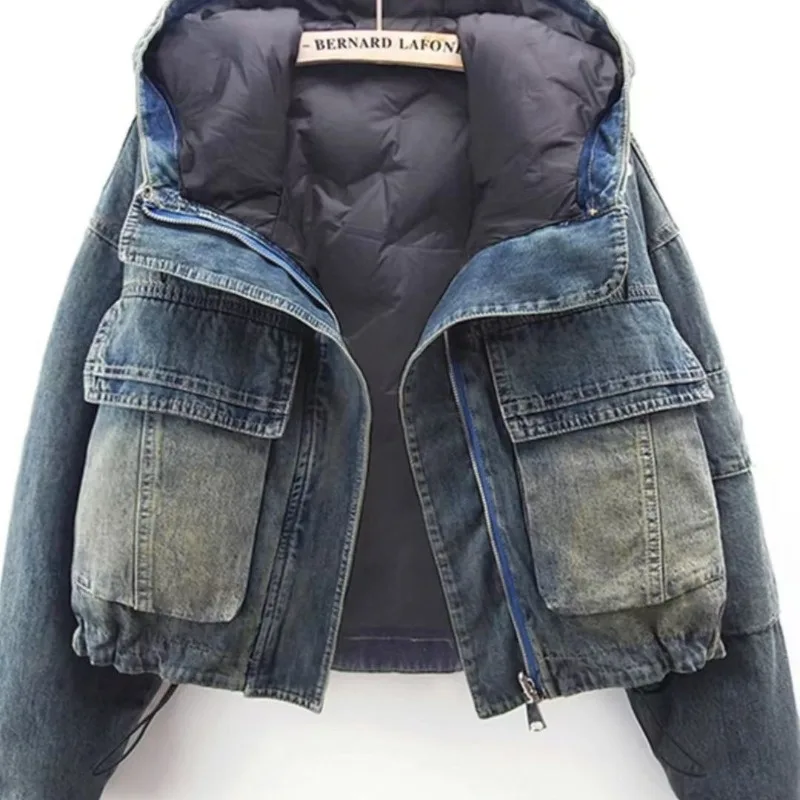 Down Jacket Lining Denim Jacket Short Double-sided Jacket Autumn and Winter New Bread Dress Women Fashion Warm Winter Coat Women