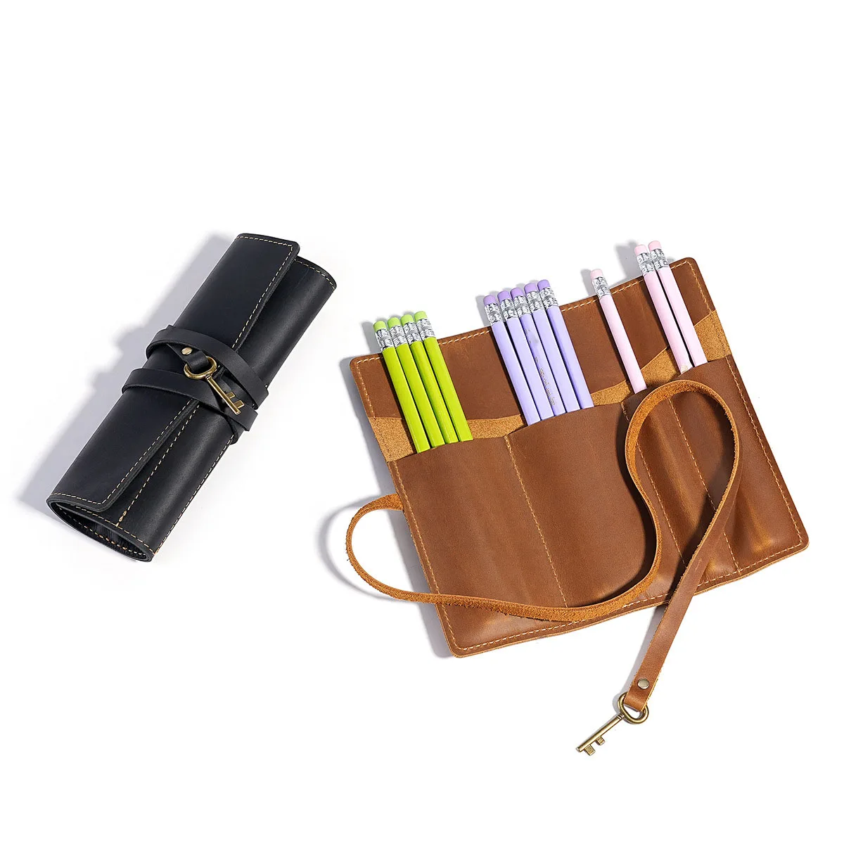 Genuine Leather Casual Pencil Case Handmade Drawing Pen, Pencil, and Fountain Pen Storage Bag Multi-functional Pen Curtain