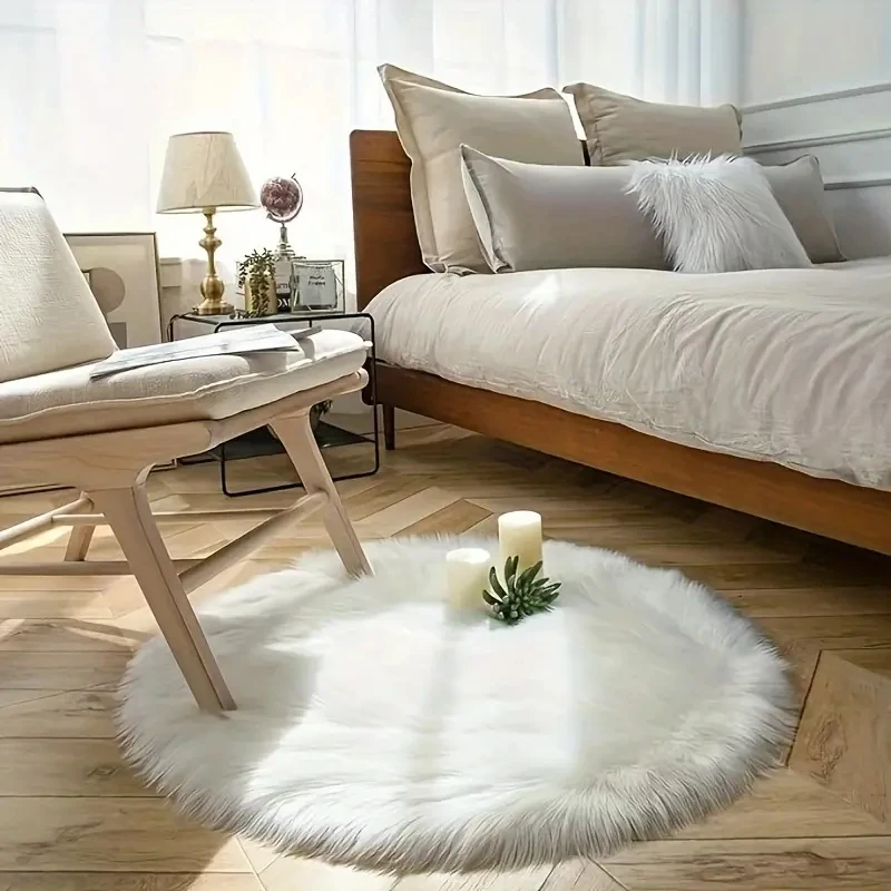 

Faux Fur Wool Rugs Imitation Cashmere Round Shape Anti-Slip Thick Plush Carpets Gray White Non-Slip Fluffy Artificial Wool Rugs