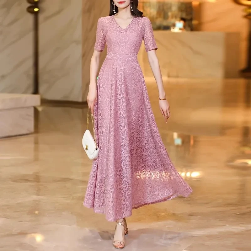 Fashionable Age Reducing Lace Dress Women 2024 Summer New Light Luxury Temperament, Waist Reducing Slim Short Sleeved Long Skirt