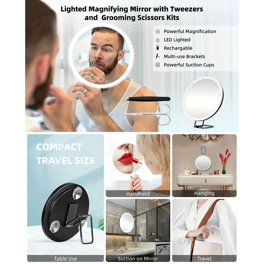 360 °   Miroir grossissant à support réglable avec lumière, miroir de maquillage LED pliable haute définition, ventouse murale suspendue