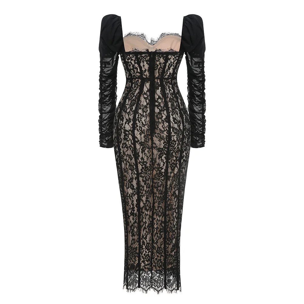 Elegancka damska sukienka z czarnej koronki, haftowana, z długim rękawem, kwadratowym dekoltem, z podszewką, miękka, wygodna, formalna, wieczorowa, na przyjęcie, do noszenia w domu.