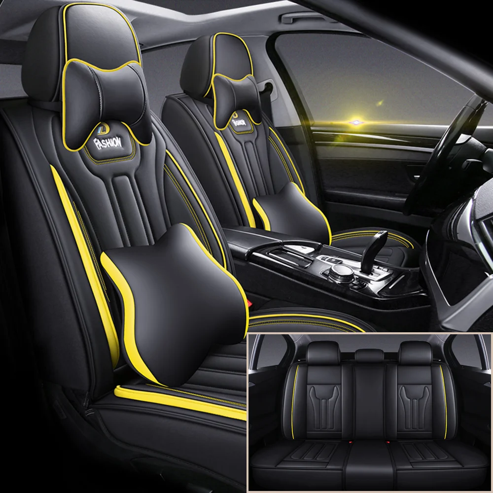 

5-местные черные, желтые чехлы на автомобильные сиденья из искусственной кожи, разделенный дизайн, простая установка, защищает сиденья, как новые, подходят для транспортных средств на 90%