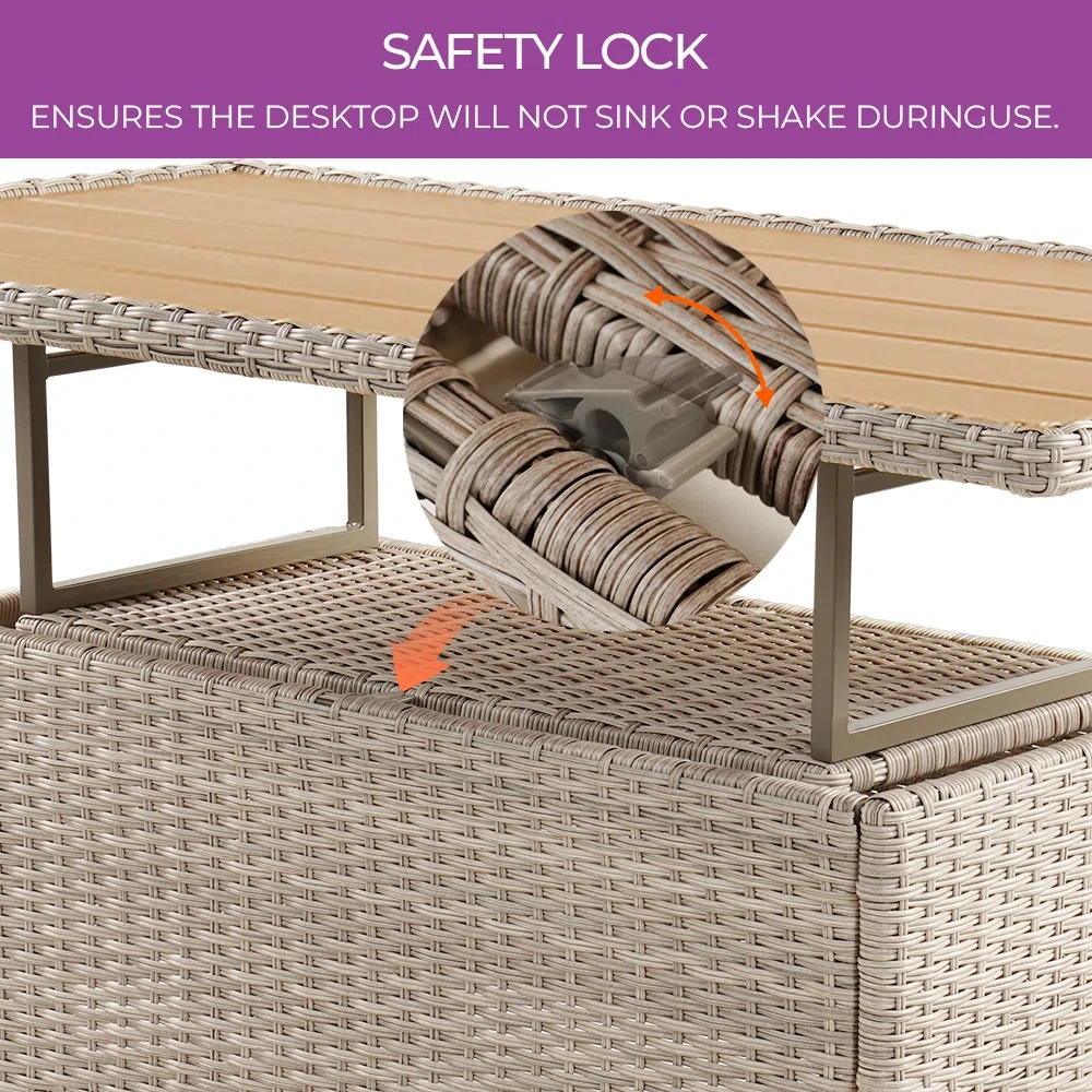 طاولة طعام للقهوة في الهواء الطلق، سطح رفع قابل للتعديل، أثاث من الخوص، طاولة طعام متعددة الوظائف