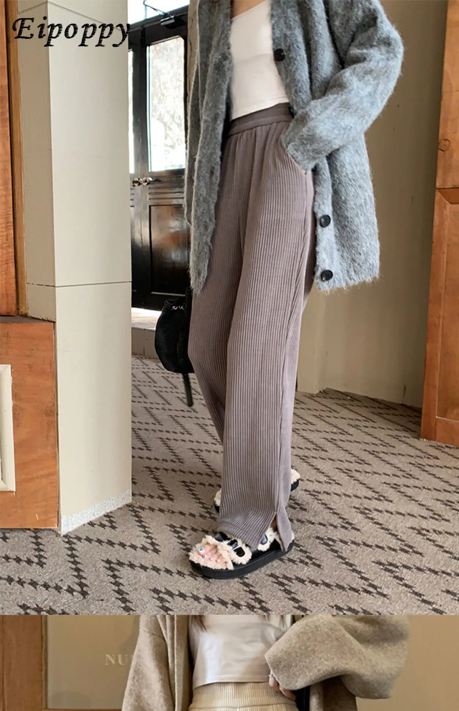 سراويل نسائية عالية الخصر سروال قصير بساق واسعة ، سراويل غير رسمية مبطنة بالصوف ، سراويل محبوكة ، الخريف والشتاء