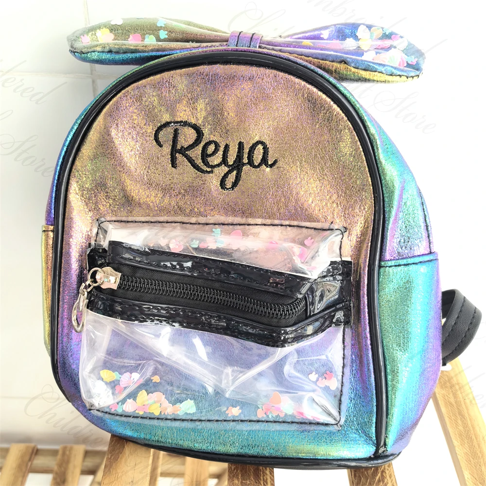 Mochila de PU de princesa para niña, bolso brillante colorido personalizado, lindo lazo de lentejuelas, pequeño aperitivo, mochila escolar con nombre bordado personalizado