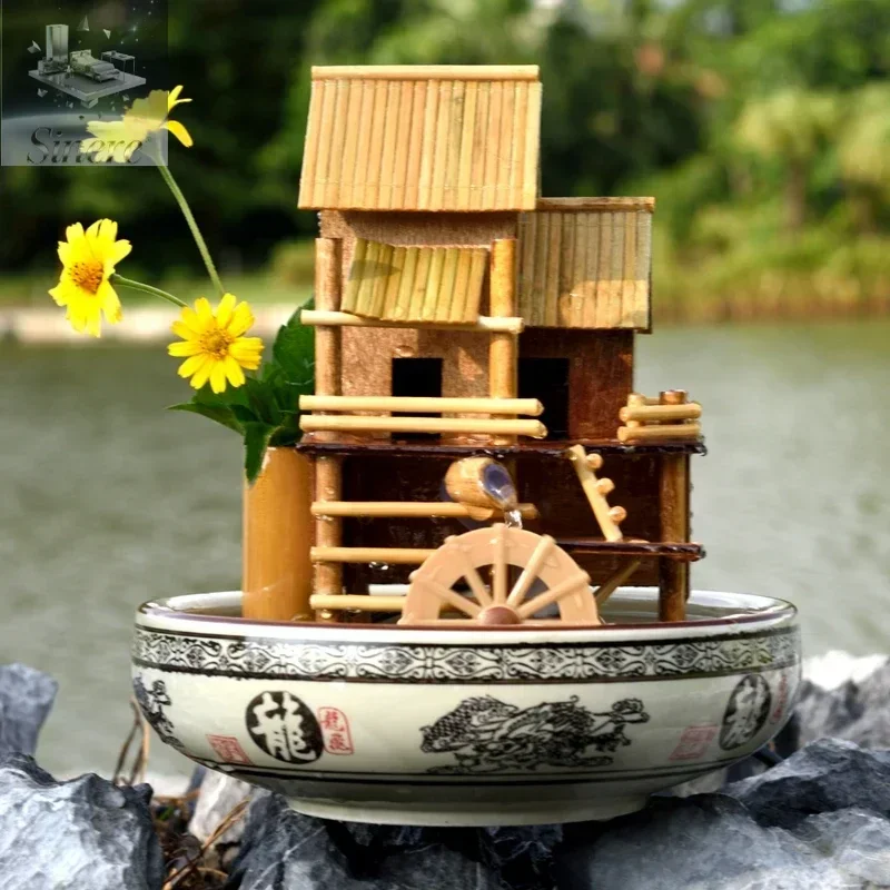 

Fountain water ornament Feng Shui lucky windmill bamboo living room home office creative ceramic fish tank humidifier