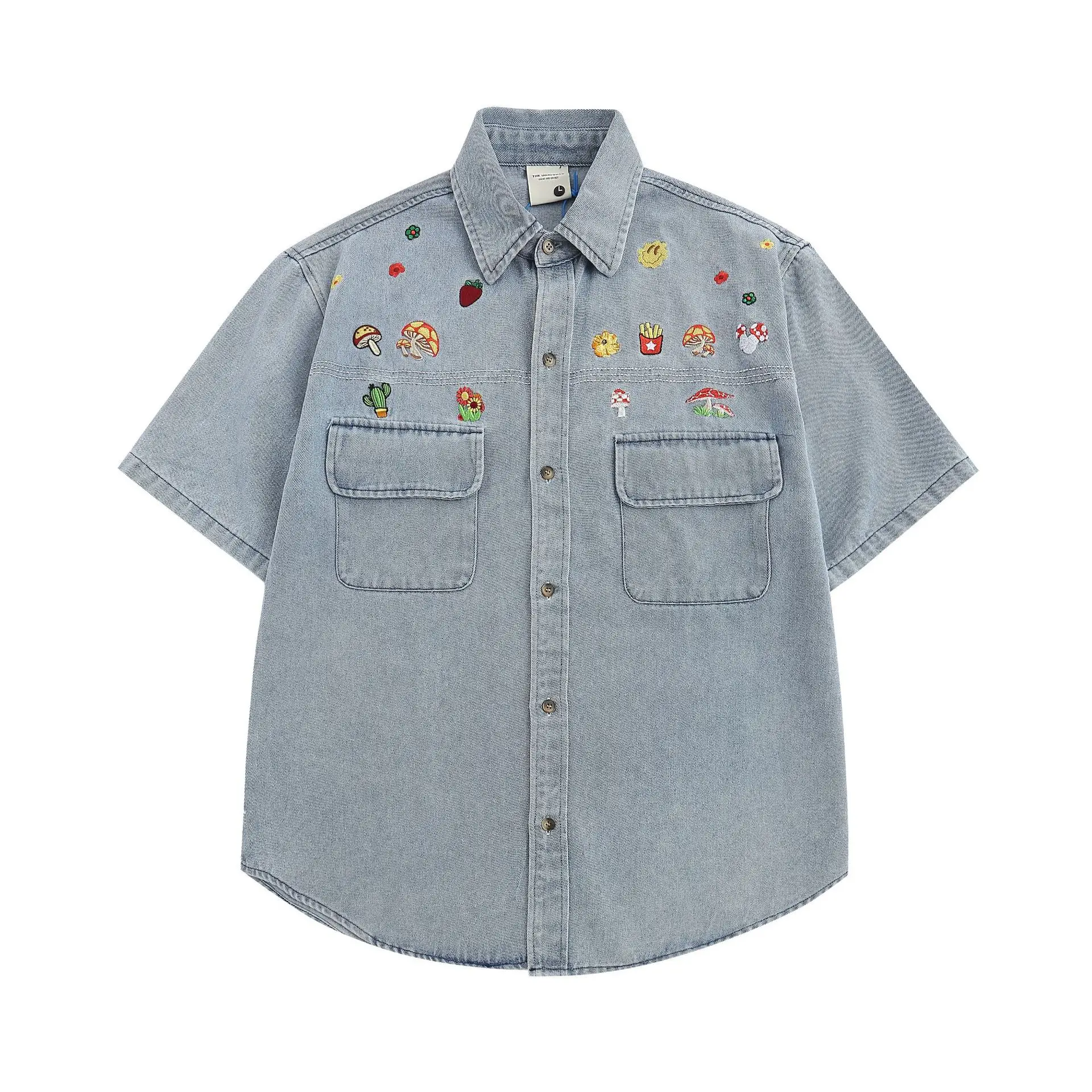 Japanese Retro Denim Shirts for Men Short Sleeve Button Down Shirt Jacket Oversize Summer Men's and Women's Embroidery Top