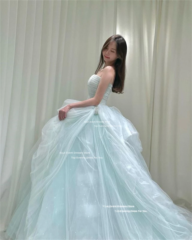 Xijun Princess Mint Tulle Wedding Dresses A-Line Korean Photo Shoot Long Prom Dresses Sleeveless Wedding Party Dress Customized