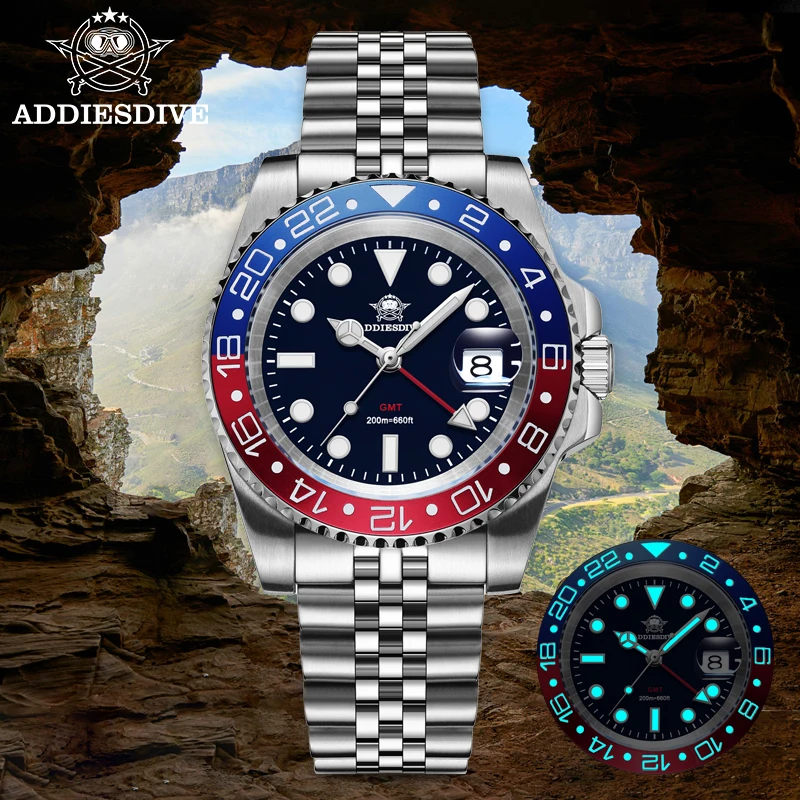ADDIESDIVE AD2050 Men's GMT Watch Swiss Ronda 515-24 BGW9 Super Luminous 20Bar Waterproof reloj Quartz Watches