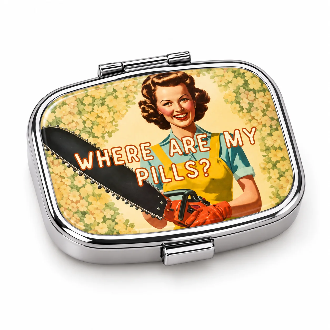 Retro Woman Print Metal Pill Box Funny Medicine Case Portable 2 Compartment Travel Pill Organizer Pocket Tablet Storage Box