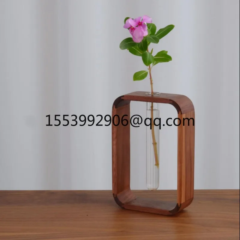 Black walnut solid wood test tube vase living room transparent glass desktop decoration,rich bamboo green dill hydroponic flower