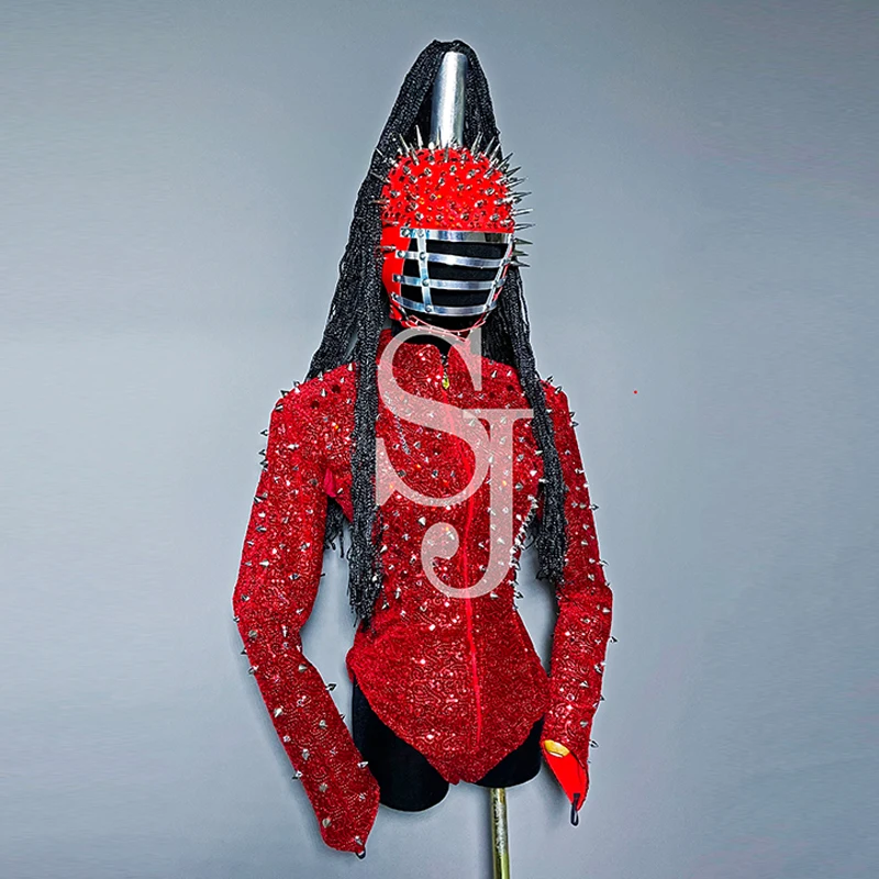 Red Rivet Sequins Bodysuit Singer Stage Costume Nightclub Gogo Dance Clothes Punk Helmet Drag Queen Outfit Rave Clothing yj364