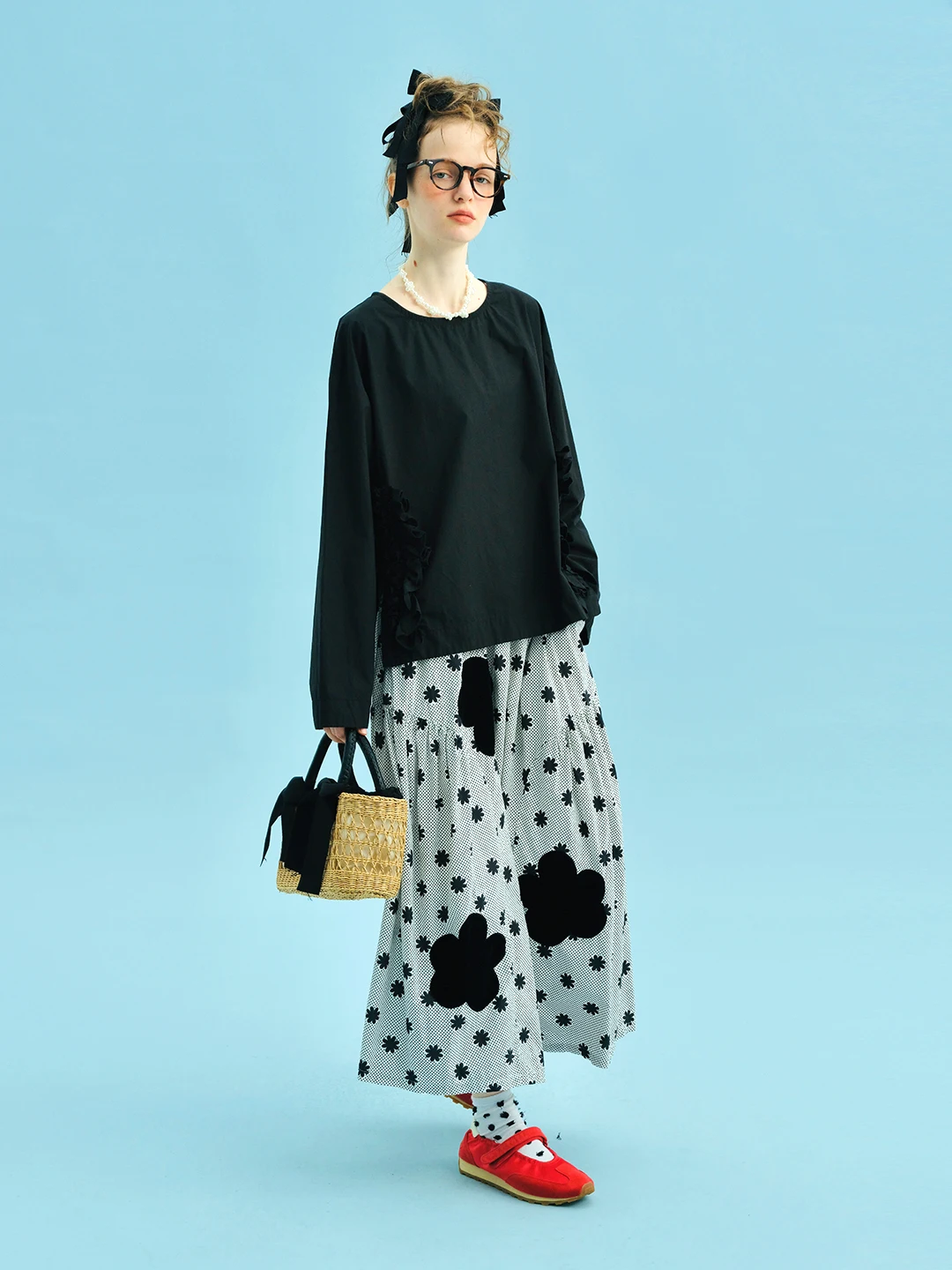 تنورة نسائية صيفية مزدوجة الأزهار لعام 2025، أبيض وأسود، خصر قابل للتعديل، طباعة مختلطة، منتجع إلى الشارع، متعددة الاستخدامات يوميًا 255037