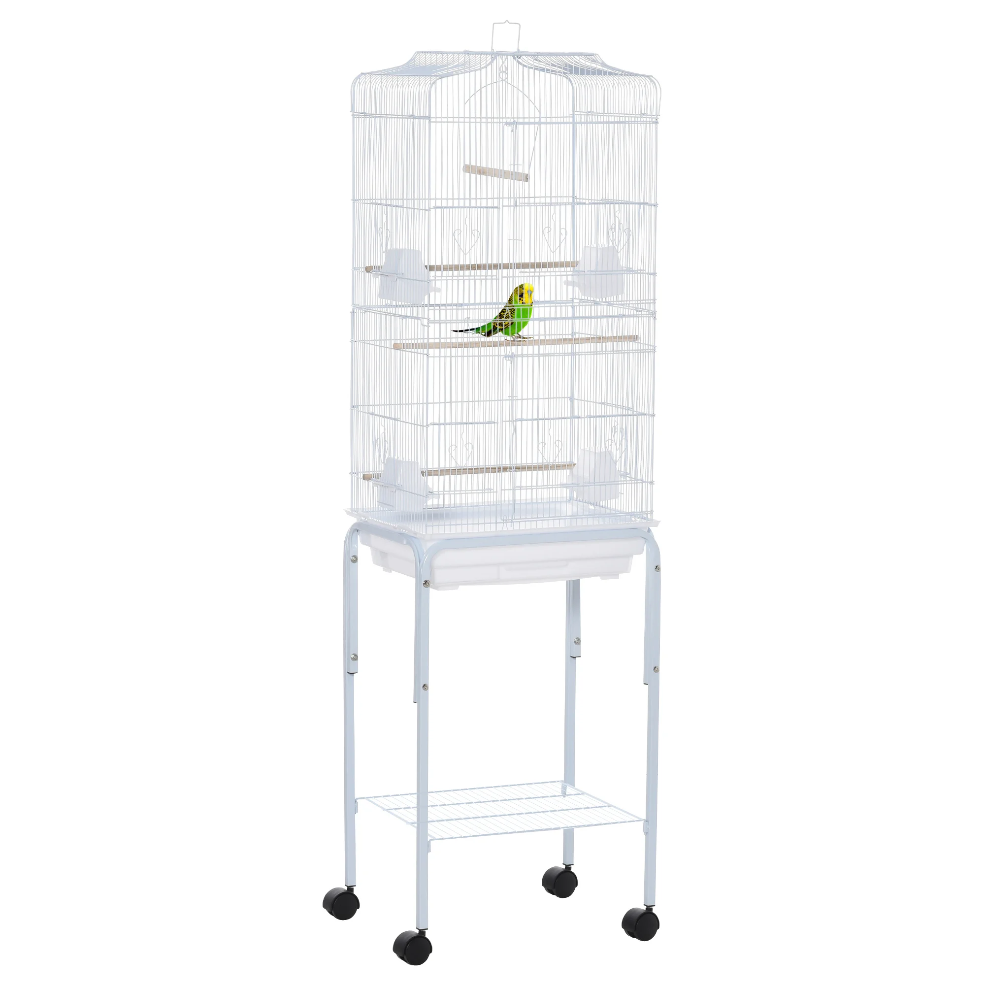 Pawhut Vogelkooi met standaard Metalen kooi met wielen Afneembaar dienblad en plank 46,5X36X157 cm