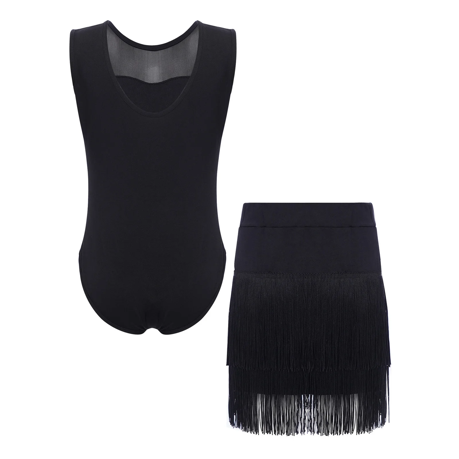 2 قطع الفتيات اللاتينية السامبا التانغو ملابس رقص أكمام بقماش شفاف المرقعة الصحافة أزرار المنشعب يوتار مع شرابة تنورة مجموعة