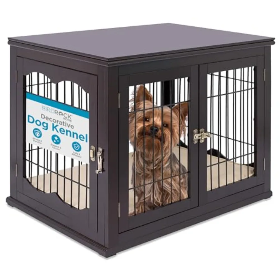 Internet's Best Decorative Dog Kennel with Pet Bed Double Door Wooden Wire Dog House Large Indoor Pet Crate Side Table Espresso