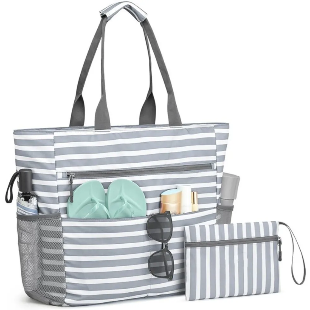 

Swimming Vacation Waterproof Tote Bag Foldable Portable Striped Zipper Bag Large Capacity Beach Handbag