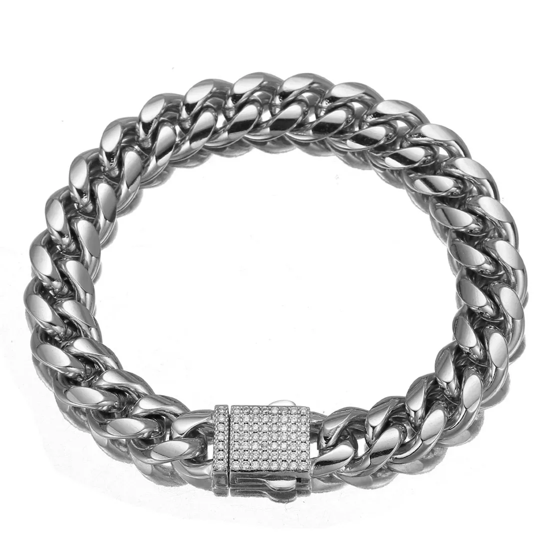 6/8/10/12/14mm 7-11inch Silver Tone Stainless Steel Curb Cuban Link Chain Bracelet Bangle Bling CZ Clasp Jewelry for Men Women