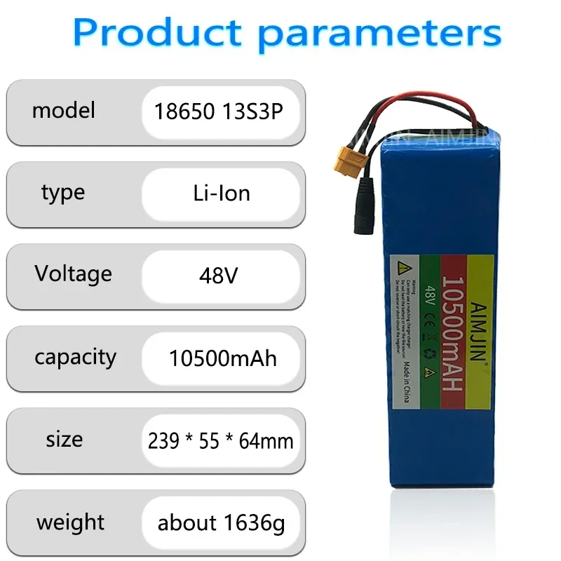 13S3P แบตเตอรี่โทรศัพท์ลิเธียม1000วัตต์ขนาด10500มิลลิแอมป์ต่อชั่วโมง48โวลต์10.5Ah ก้อนแบตเตอรี่โทรศัพท์ลิเธียมสำหรับ54.6โวลต์เครื่องชาร์จแบบมีปลั๊ก DC