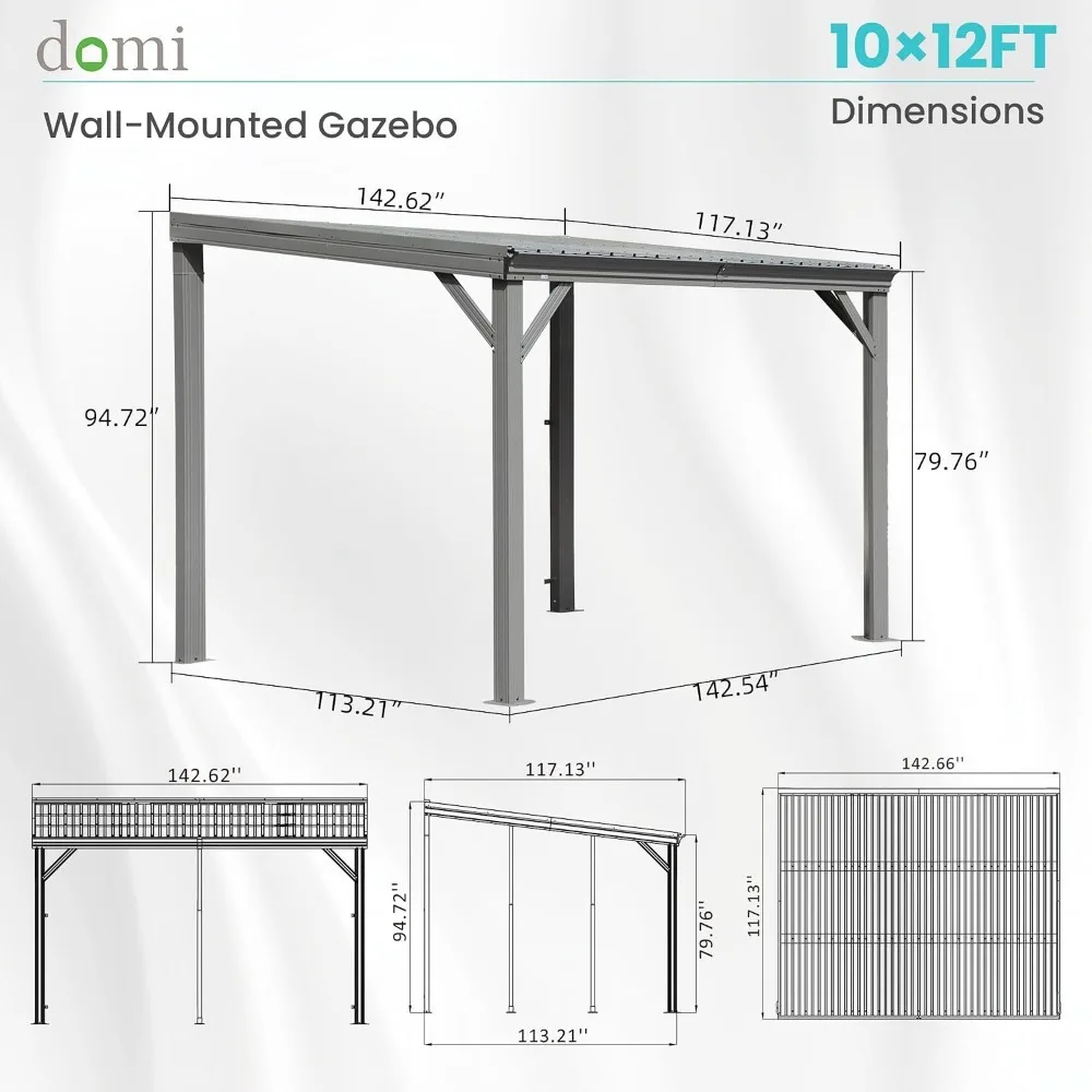 Domi 10'x 12' Lean to Gazebo,Outdoor Gazebo Pergola with Sloped Roof, Grey, Custom