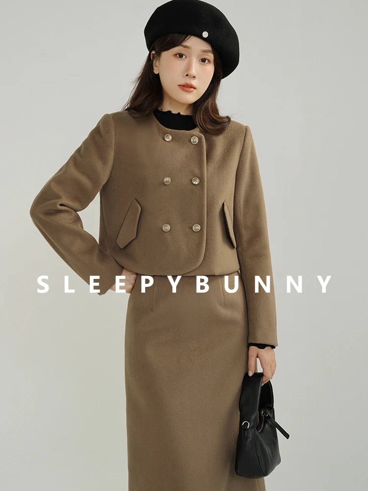 

Retro Woolen Two Piece Set Women Double Breasted Short Blazer Shoulder Pads High Waist A-Line Skirt Elegant Winter Outfit Casual