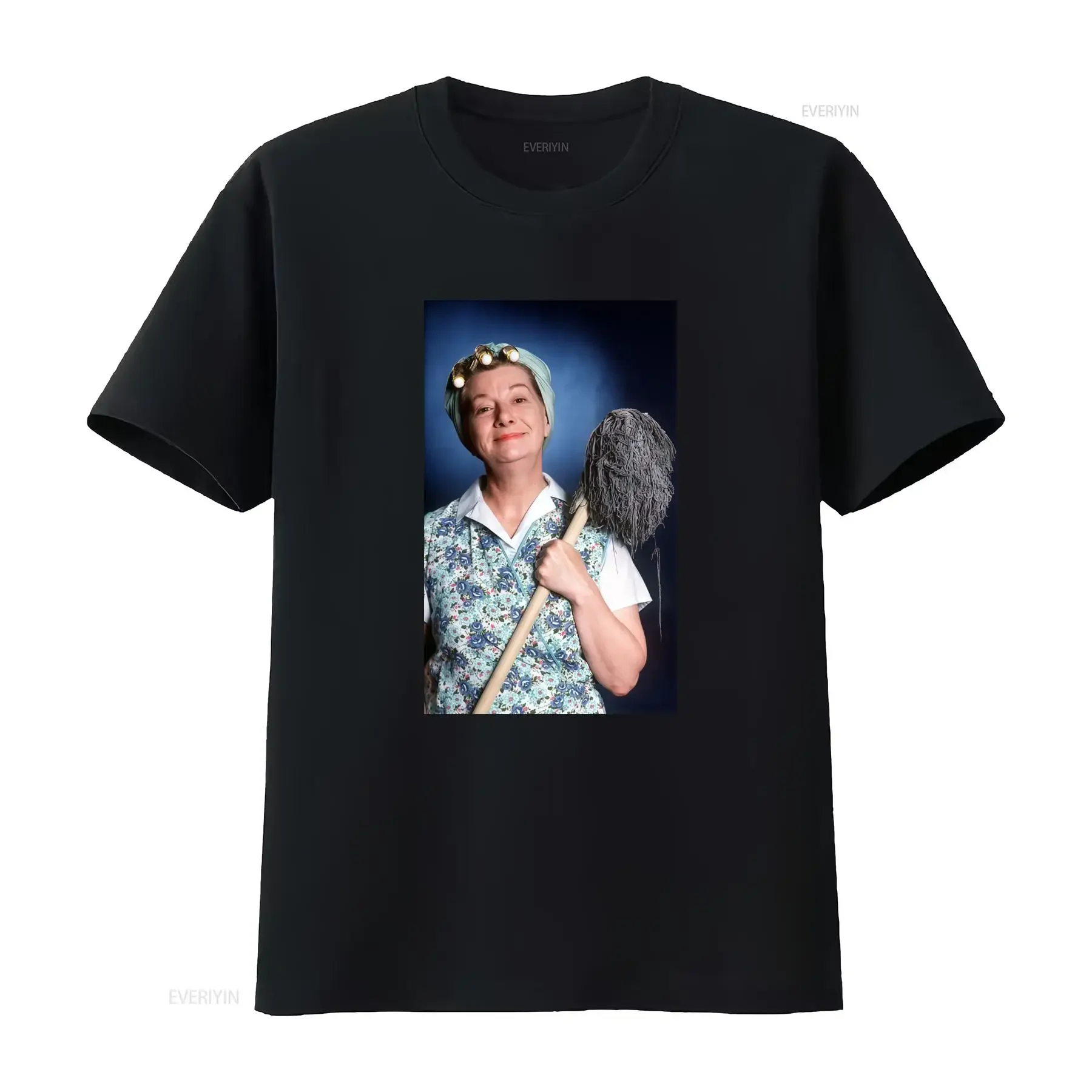Hilda Ogden T Shirt Iconic Coronation Character Print with Signature Broom Curly Hair Wig Design Casual Round Neck for vintage