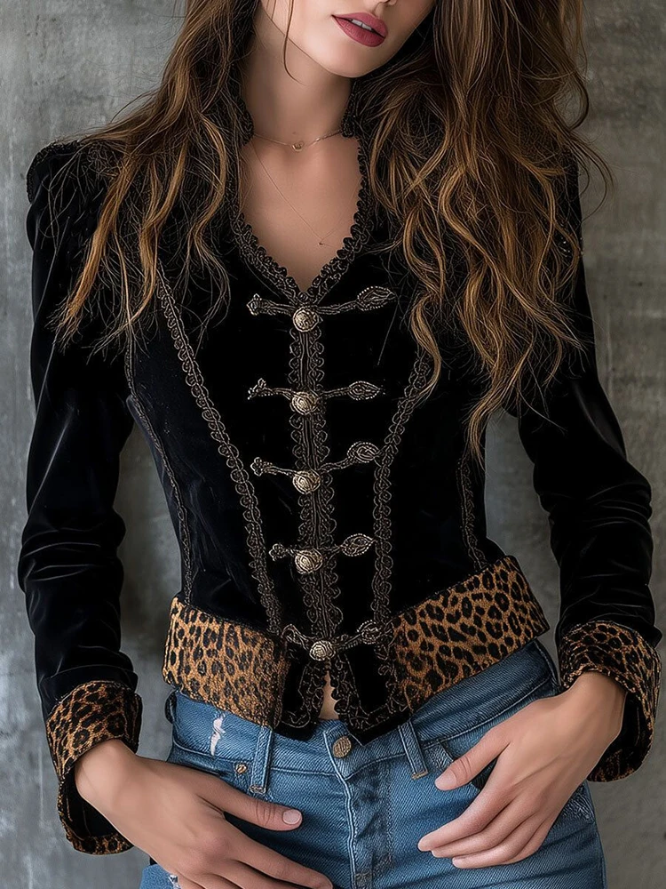 เสื้อเชิ้ตผู้หญิงสไตล์จีนวินเทจ แขนยาว คอวี แต่งลายเสือดาว ติดกระดุมแถวเดียว แฟชั่นฤดูใบไม้ร่วง สไตล์ลำลองเก๋ไก๋