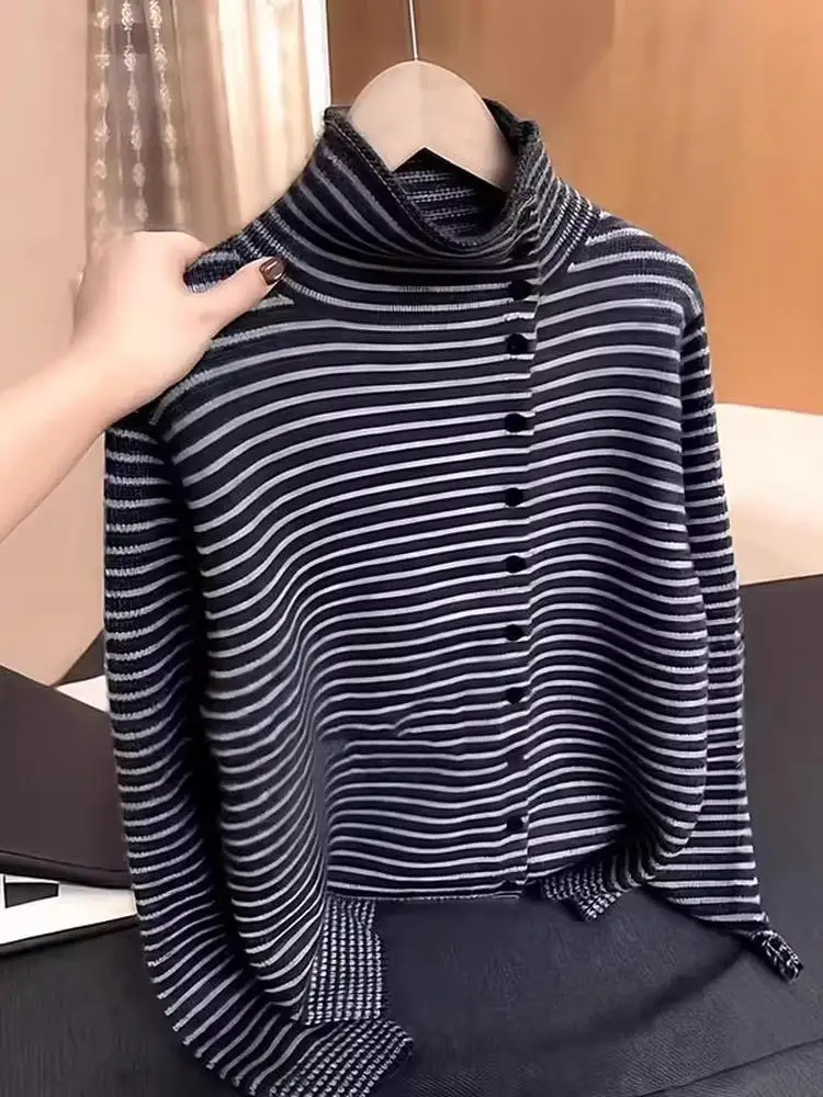 Emagrecimento listrado malhas f gola alta roupa interior feminina outono inverno plus size esconder carne topo coreano sle solto ajuste