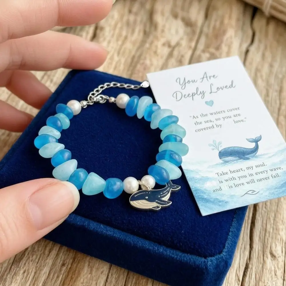 Sea Glass Blessing Bracelet Handmade Animal Charm Bracelet Adjustable Ocean Inspirational Friendship Jewelry Gift for Women