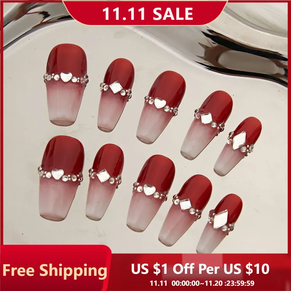 

10Pcs Handcrafted Vintage Press on Nails Noble and Elegant Burgundy French Nail Tips with Diamond Suitable for Women and Girls