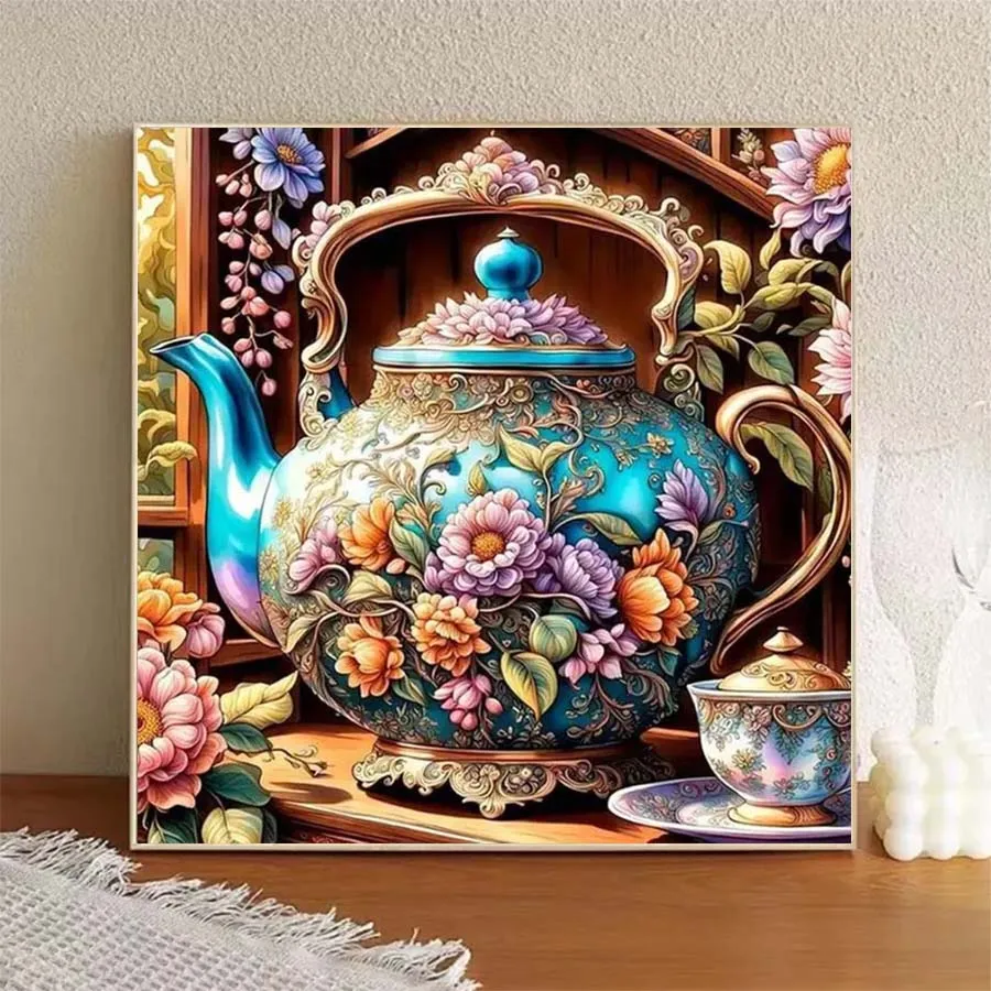 1 piece 5D DIY flocking cloth, special drill, diamond painting kit, teapot, flower, pattern mosaic, diamond art - view 3