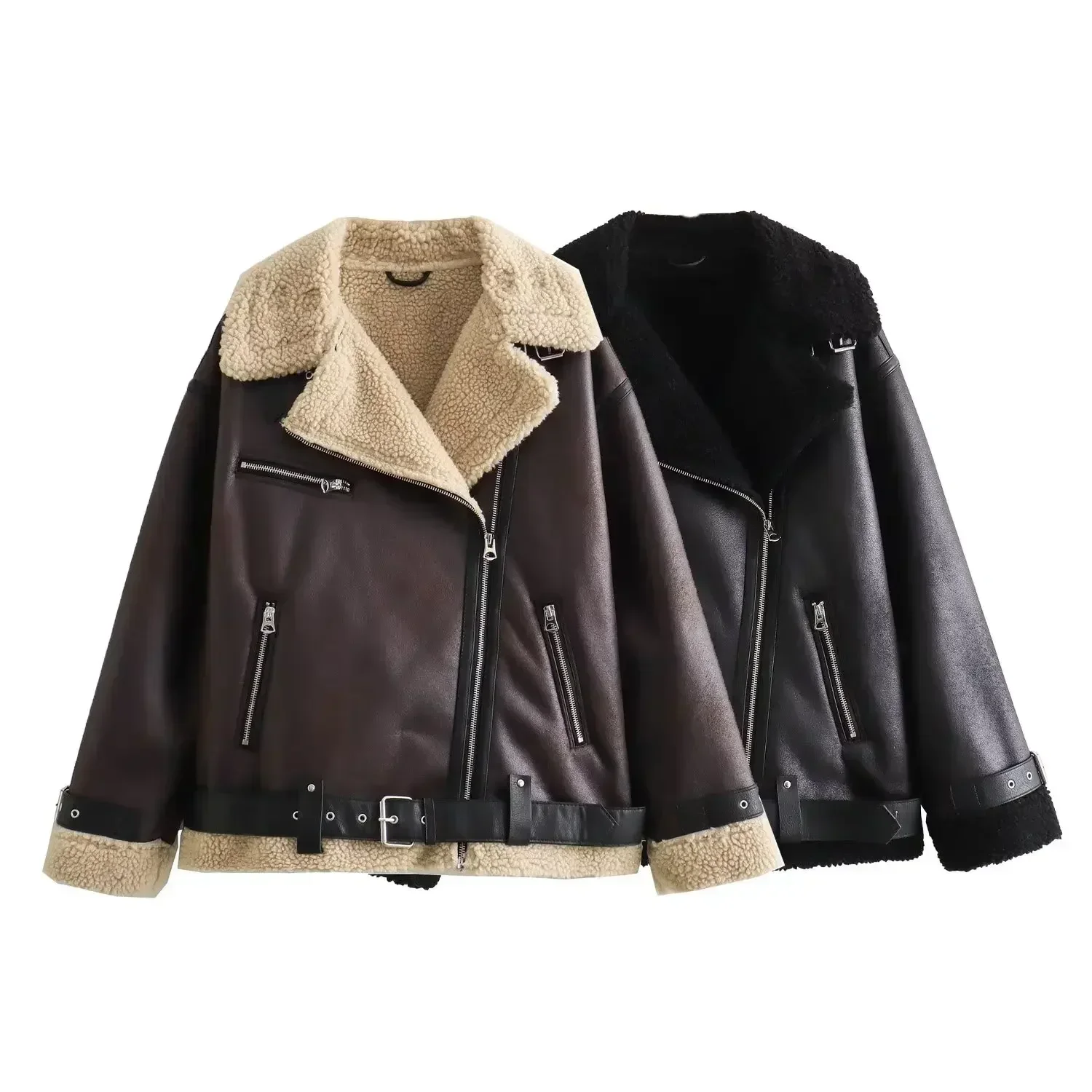 Women New Fashion With belt Warm two-sided Fur Faux Leather Jacket Coat Vintage Long Sleeve Zipper Female Outerwear Chic Tops